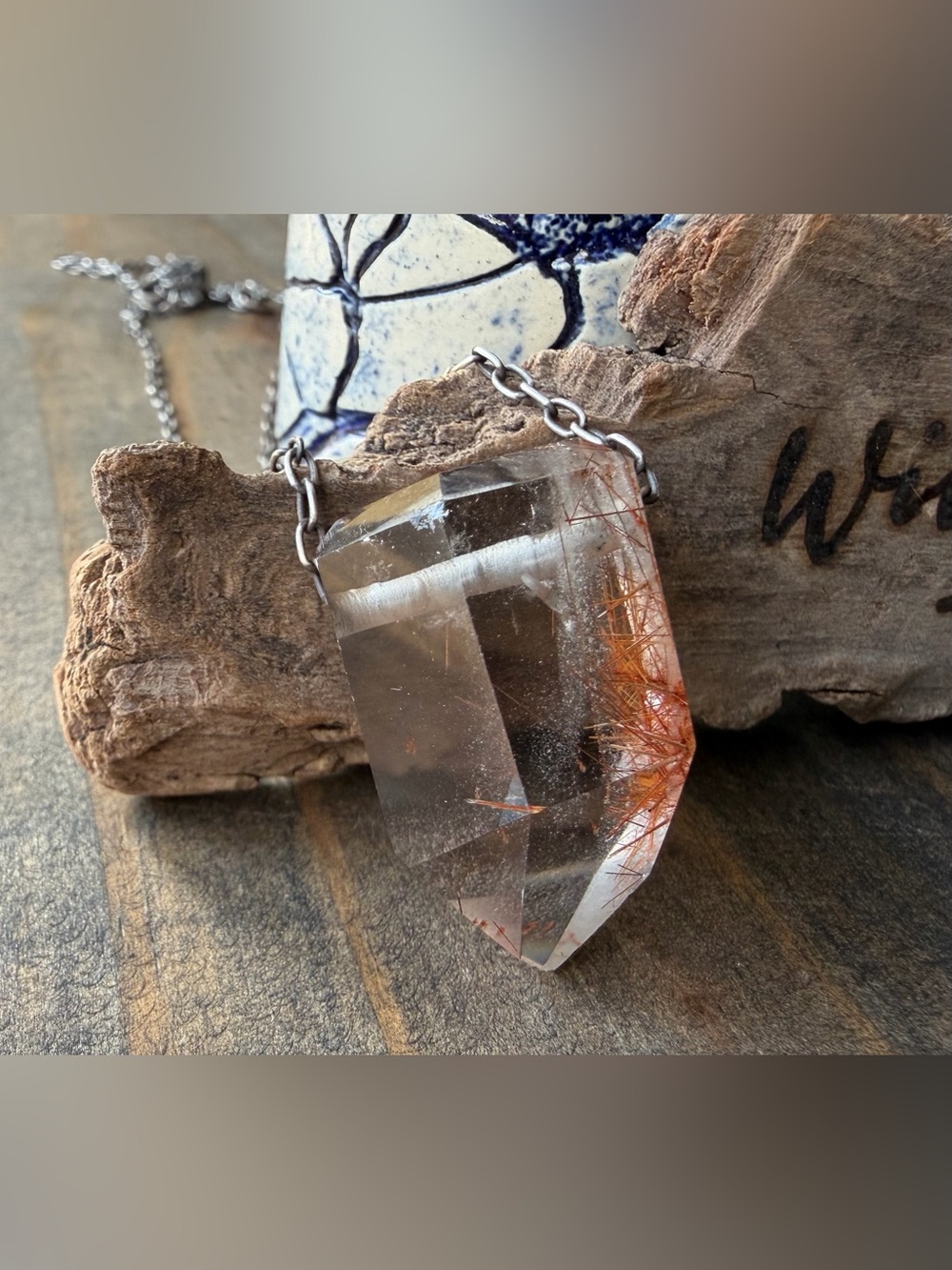 Natural Rutilated Quartz Pendant Necklace - Clear with Copper Rutile